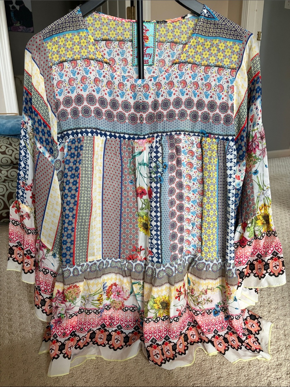 Johnny Was Multi-Color Patchwork Floral Peasant Blouse